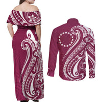 Kia Orana Cook Islands Couples Matching Off Shoulder Maxi Dress and Long Sleeve Button Shirt Maroon Plumeria Tropical Waves - Polynesian Pride