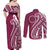 Kia Orana Cook Islands Couples Matching Off Shoulder Maxi Dress and Long Sleeve Button Shirt Maroon Plumeria Tropical Waves - Polynesian Pride