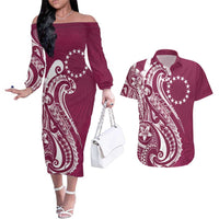 Kia Orana Cook Islands Couples Matching Off The Shoulder Long Sleeve Dress and Hawaiian Shirt Maroon Plumeria Tropical Waves LT7 Maroon - Polynesian Pride