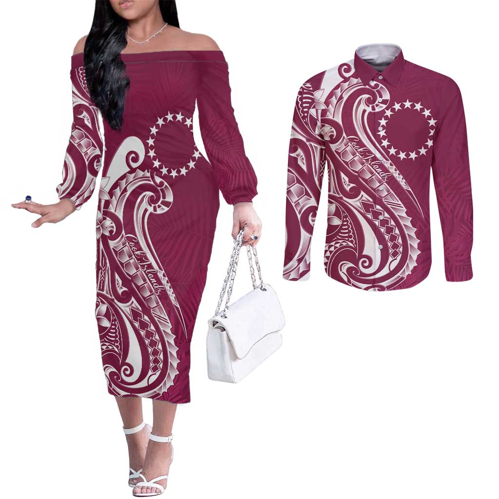Kia Orana Cook Islands Couples Matching Off The Shoulder Long Sleeve Dress and Long Sleeve Button Shirt Maroon Plumeria Tropical Waves LT7 Maroon - Polynesian Pride