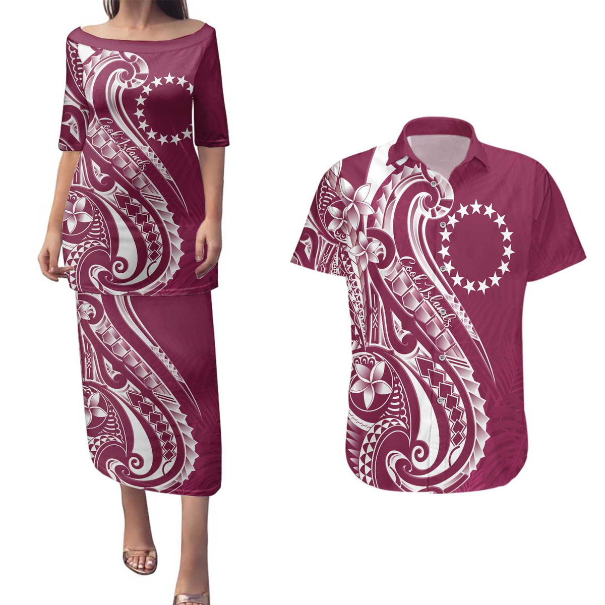 Kia Orana Cook Islands Couples Matching Puletasi and Hawaiian Shirt Maroon Plumeria Tropical Waves - Polynesian Pride