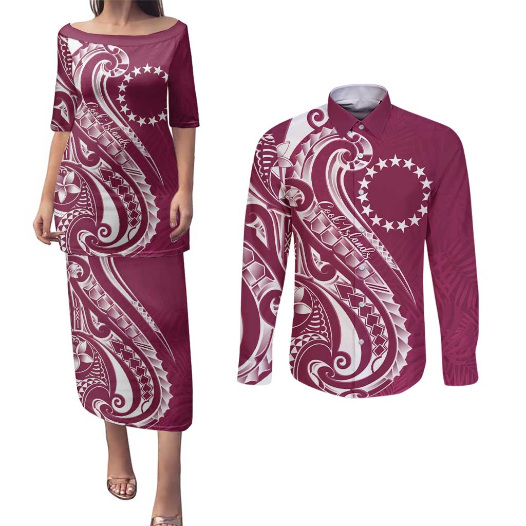 Kia Orana Cook Islands Couples Matching Puletasi and Long Sleeve Button Shirt Maroon Plumeria Tropical Waves - Polynesian Pride