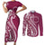 Kia Orana Cook Islands Couples Matching Short Sleeve Bodycon Dress and Long Sleeve Button Shirt Maroon Plumeria Tropical Waves - Polynesian Pride