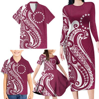 Kia Orana Cook Islands Family Matching Long Sleeve Bodycon Dress and Hawaiian Shirt Maroon Plumeria Tropical Waves LT7 - Polynesian Pride