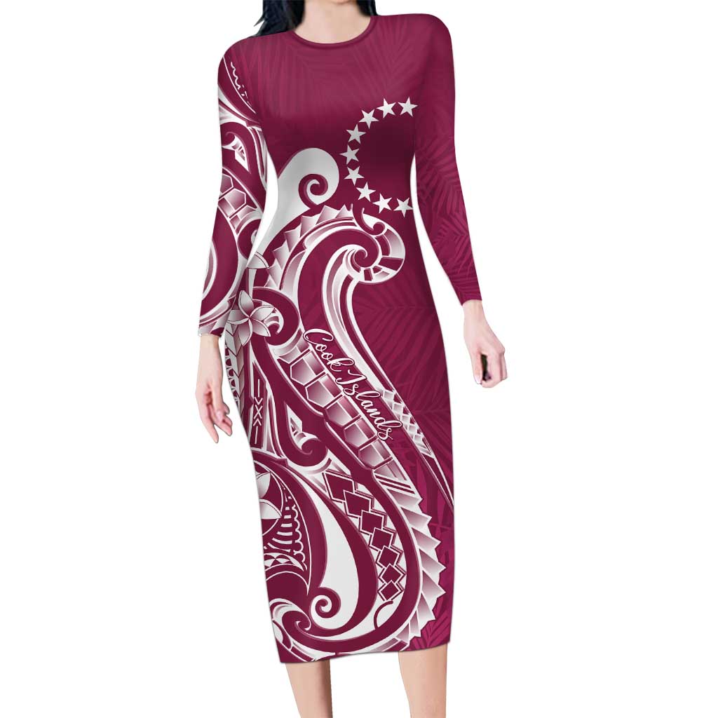Kia Orana Cook Islands Family Matching Long Sleeve Bodycon Dress and Hawaiian Shirt Maroon Plumeria Tropical Waves LT7 Mom's Dress Maroon - Polynesian Pride