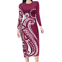 Kia Orana Cook Islands Family Matching Long Sleeve Bodycon Dress and Hawaiian Shirt Maroon Plumeria Tropical Waves LT7 Mom's Dress Maroon - Polynesian Pride