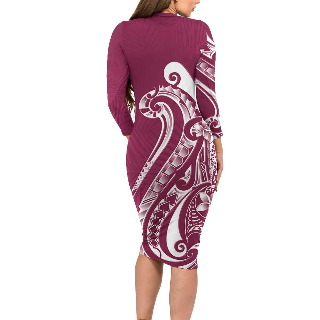 Kia Orana Cook Islands Family Matching Long Sleeve Bodycon Dress and Hawaiian Shirt Maroon Plumeria Tropical Waves LT7 - Polynesian Pride