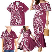 Kia Orana Cook Islands Family Matching Mermaid Dress and Hawaiian Shirt Maroon Plumeria Tropical Waves LT7 - Polynesian Pride