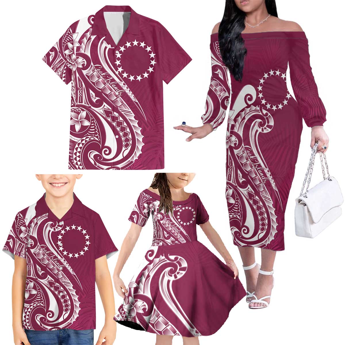 Kia Orana Cook Islands Family Matching Off The Shoulder Long Sleeve Dress and Hawaiian Shirt Maroon Plumeria Tropical Waves LT7 - Polynesian Pride