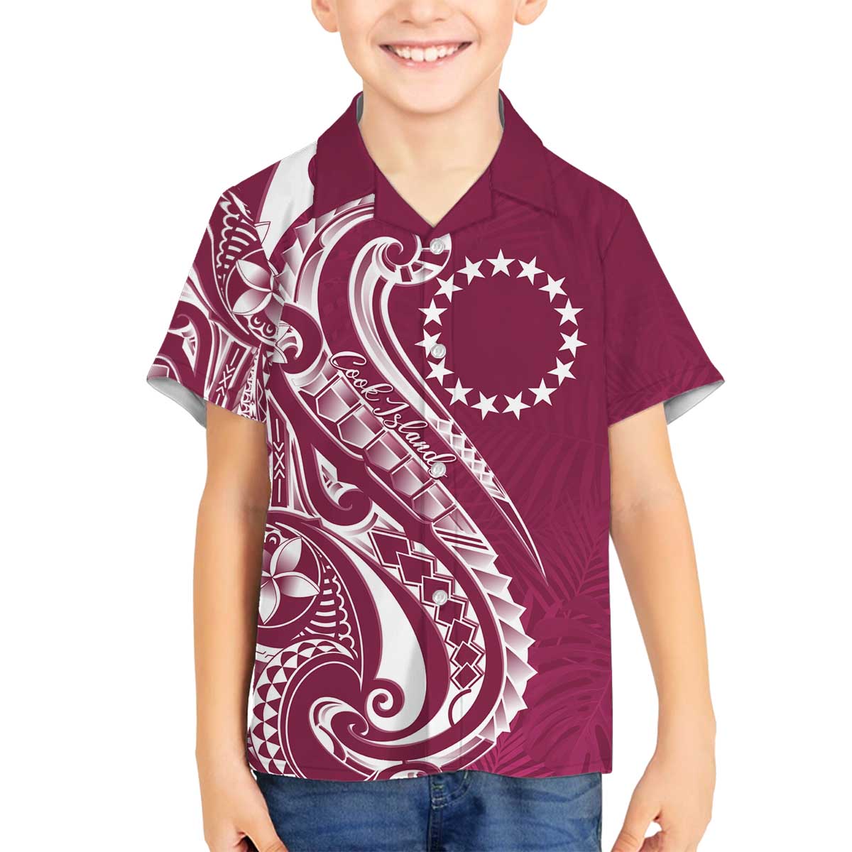 Kia Orana Cook Islands Family Matching Off The Shoulder Long Sleeve Dress and Hawaiian Shirt Maroon Plumeria Tropical Waves LT7 Son's Shirt Maroon - Polynesian Pride