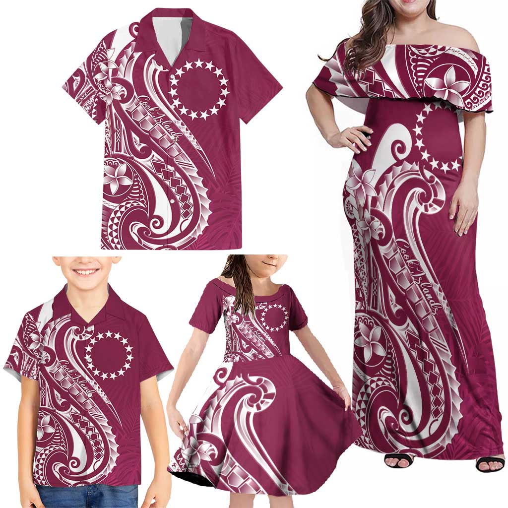 Kia Orana Cook Islands Family Matching Off Shoulder Maxi Dress and Hawaiian Shirt Maroon Plumeria Tropical Waves LT7 - Polynesian Pride