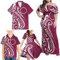 Kia Orana Cook Islands Family Matching Off Shoulder Maxi Dress and Hawaiian Shirt Maroon Plumeria Tropical Waves LT7 - Polynesian Pride