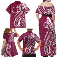 Kia Orana Cook Islands Family Matching Off Shoulder Maxi Dress and Hawaiian Shirt Maroon Plumeria Tropical Waves LT7 - Polynesian Pride
