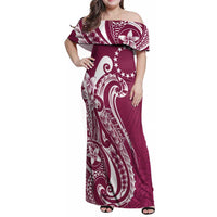 Kia Orana Cook Islands Family Matching Off Shoulder Maxi Dress and Hawaiian Shirt Maroon Plumeria Tropical Waves LT7 Mom's Dress Maroon - Polynesian Pride