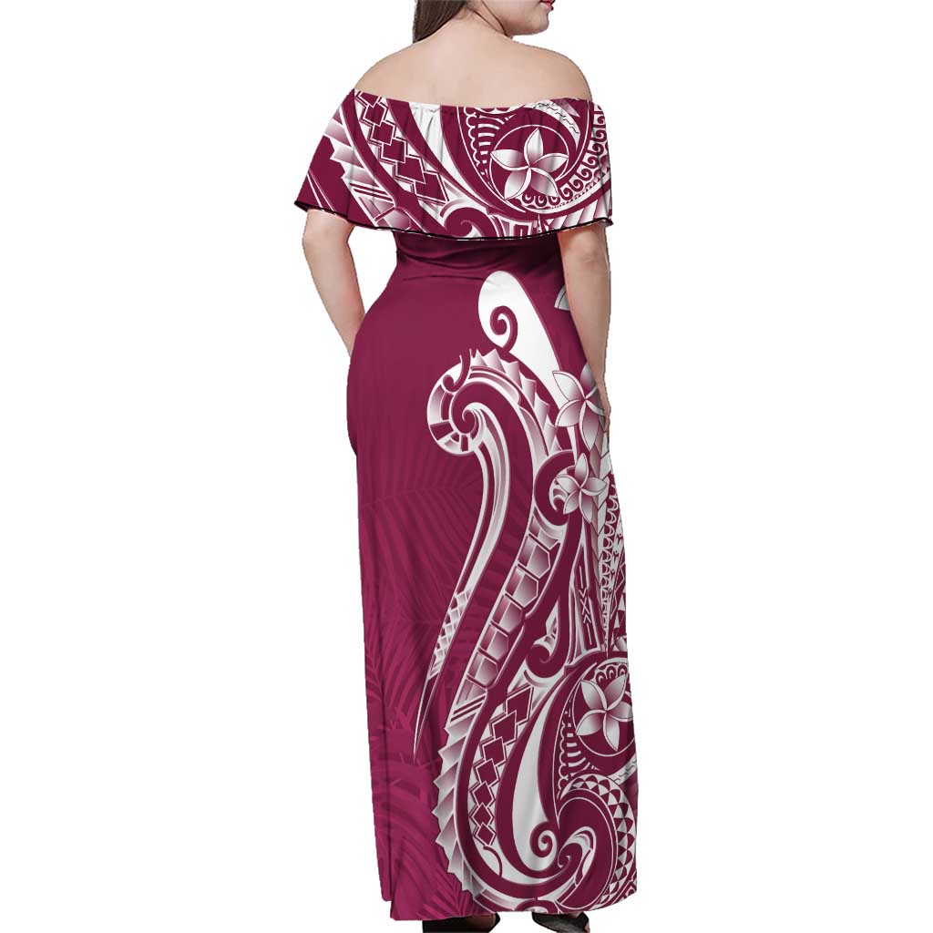 Kia Orana Cook Islands Family Matching Off Shoulder Maxi Dress and Hawaiian Shirt Maroon Plumeria Tropical Waves LT7 - Polynesian Pride