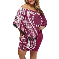 Kia Orana Cook Islands Family Matching Off Shoulder Short Dress and Hawaiian Shirt Maroon Plumeria Tropical Waves LT7 Mom's Dress Maroon - Polynesian Pride
