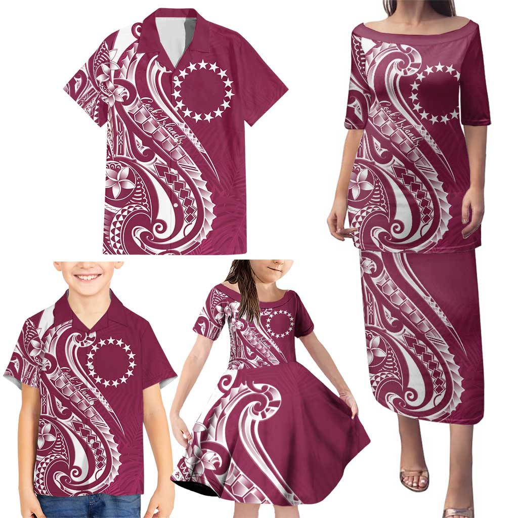 Kia Orana Cook Islands Family Matching Puletasi and Hawaiian Shirt Maroon Plumeria Tropical Waves LT7 - Polynesian Pride