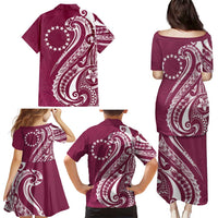 Kia Orana Cook Islands Family Matching Puletasi and Hawaiian Shirt Maroon Plumeria Tropical Waves LT7 - Polynesian Pride