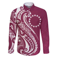 Kia Orana Cook Islands Family Matching Puletasi and Hawaiian Shirt Maroon Plumeria Tropical Waves LT7 Dad's Shirt - Long Sleeve Maroon - Polynesian Pride