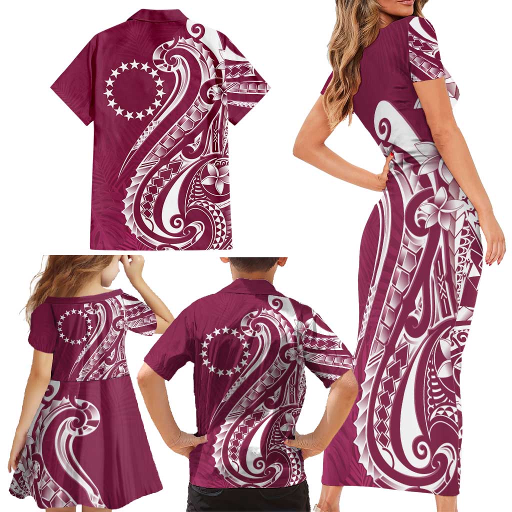 Kia Orana Cook Islands Family Matching Short Sleeve Bodycon Dress and Hawaiian Shirt Maroon Plumeria Tropical Waves LT7 - Polynesian Pride