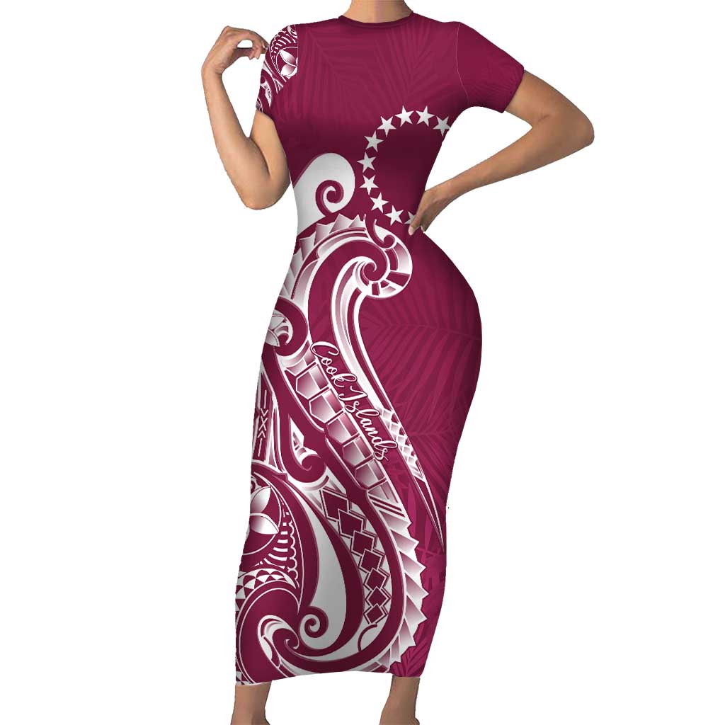 Kia Orana Cook Islands Family Matching Short Sleeve Bodycon Dress and Hawaiian Shirt Maroon Plumeria Tropical Waves LT7 Mom's Dress Maroon - Polynesian Pride