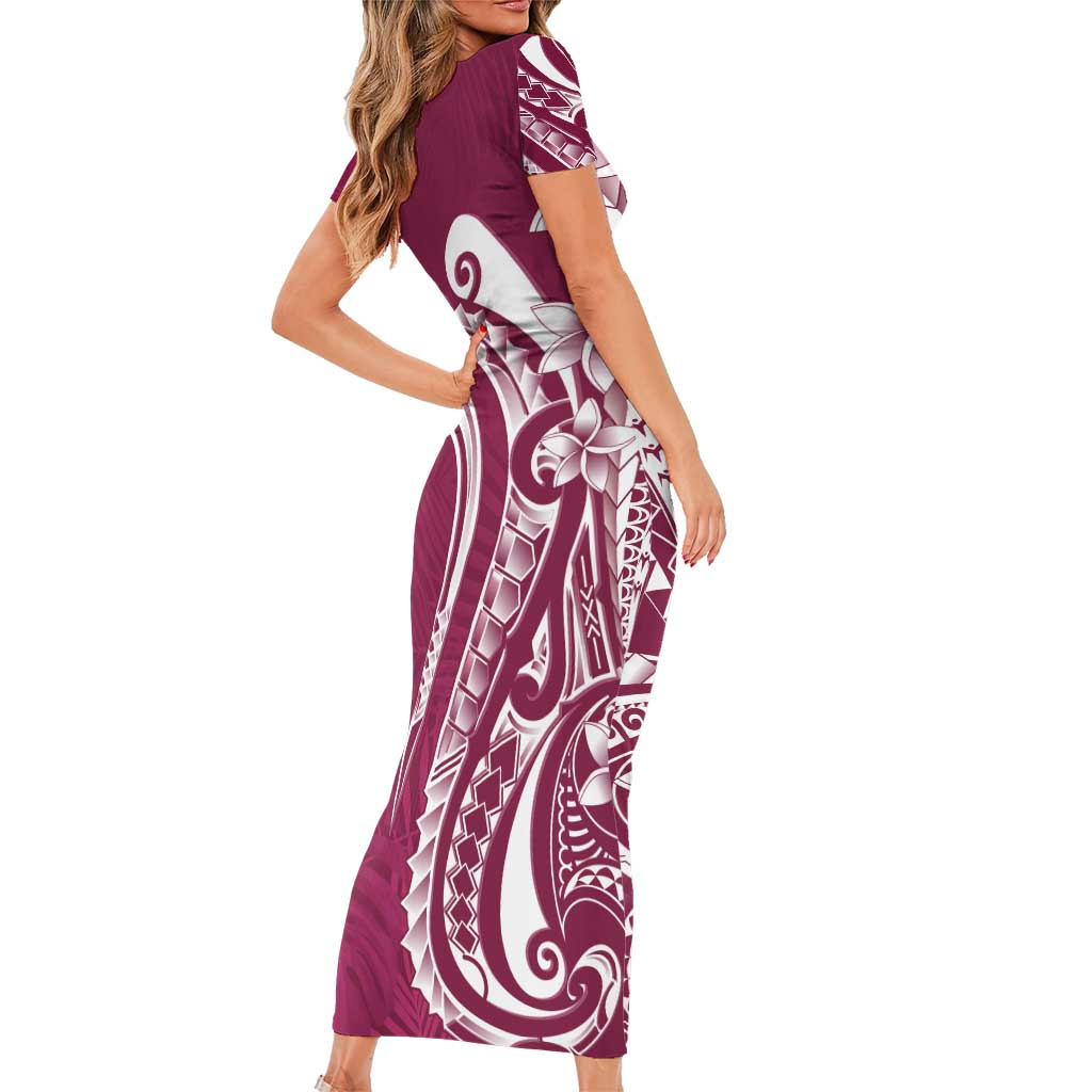 Kia Orana Cook Islands Family Matching Short Sleeve Bodycon Dress and Hawaiian Shirt Maroon Plumeria Tropical Waves LT7 - Polynesian Pride