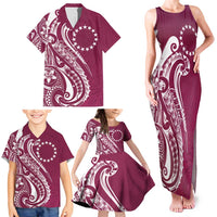 Kia Orana Cook Islands Family Matching Tank Maxi Dress and Hawaiian Shirt Maroon Plumeria Tropical Waves LT7 - Polynesian Pride