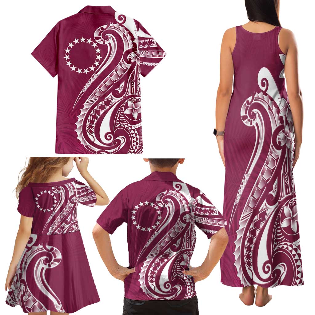 Kia Orana Cook Islands Family Matching Tank Maxi Dress and Hawaiian Shirt Maroon Plumeria Tropical Waves LT7 - Polynesian Pride
