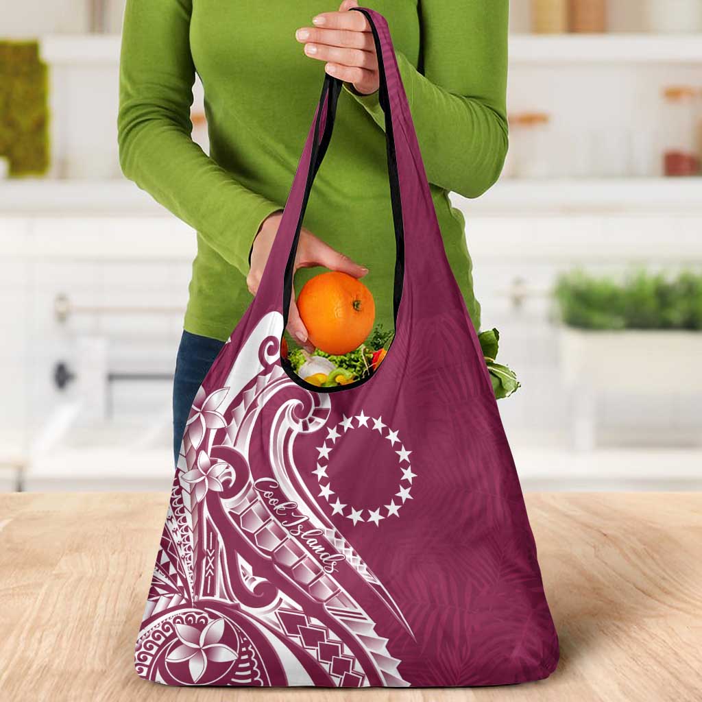 Kia Orana Cook Islands Grocery Bag Maroon Plumeria Tropical Waves - Polynesian Pride