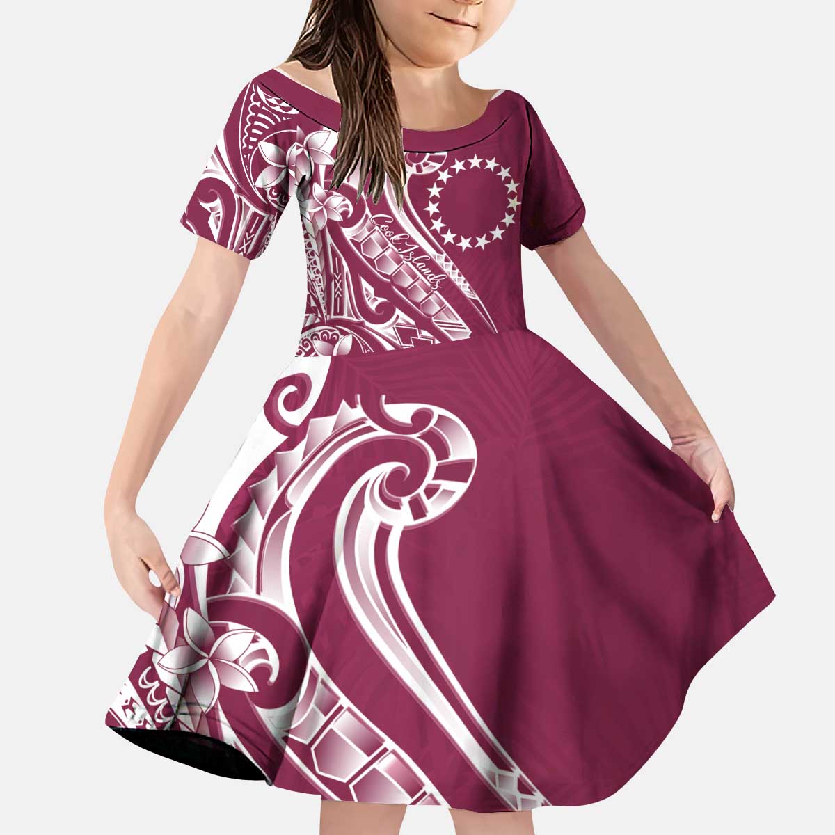Kia Orana Cook Islands Kid Short Sleeve Dress Maroon Plumeria Tropical Waves - Polynesian Pride