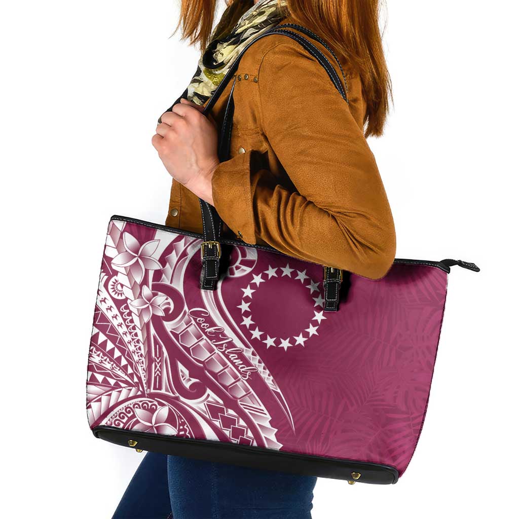 Kia Orana Cook Islands Leather Tote Bag Maroon Plumeria Tropical Waves - Polynesian Pride
