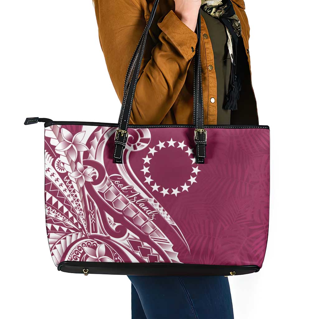 Kia Orana Cook Islands Leather Tote Bag Maroon Plumeria Tropical Waves - Polynesian Pride