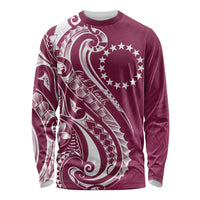Kia Orana Cook Islands Long Sleeve Shirt Maroon Plumeria Tropical Waves LT7 Unisex Maroon - Polynesian Pride