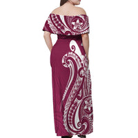Kia Orana Cook Islands Off Shoulder Maxi Dress Maroon Plumeria Tropical Waves - Polynesian Pride