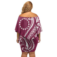 Kia Orana Cook Islands Off Shoulder Short Dress Maroon Plumeria Tropical Waves - Polynesian Pride