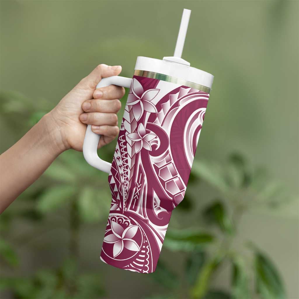 Kia Orana Cook Islands Tumbler With Handle Maroon Plumeria Tropical Waves - Polynesian Pride