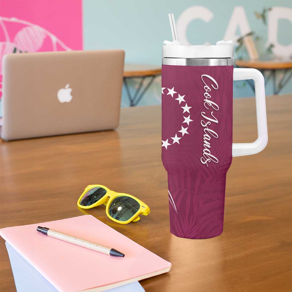 Kia Orana Cook Islands Tumbler With Handle Maroon Plumeria Tropical Waves - Polynesian Pride