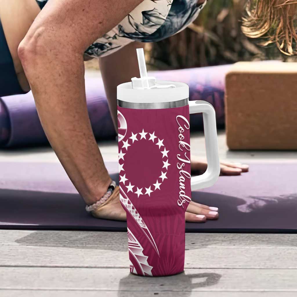 Kia Orana Cook Islands Tumbler With Handle Maroon Plumeria Tropical Waves - Polynesian Pride