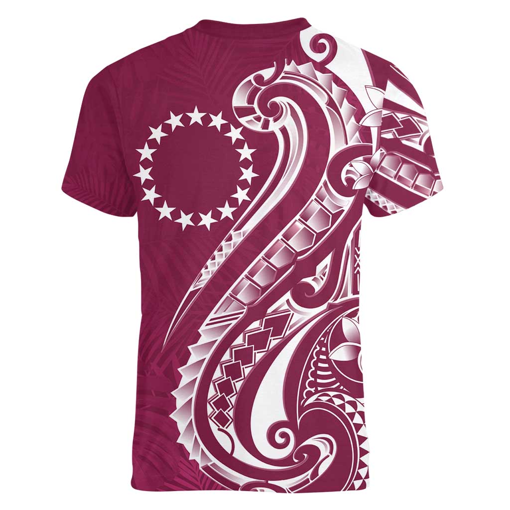 Kia Orana Cook Islands Women V-Neck T-Shirt Maroon Plumeria Tropical Waves - Polynesian Pride