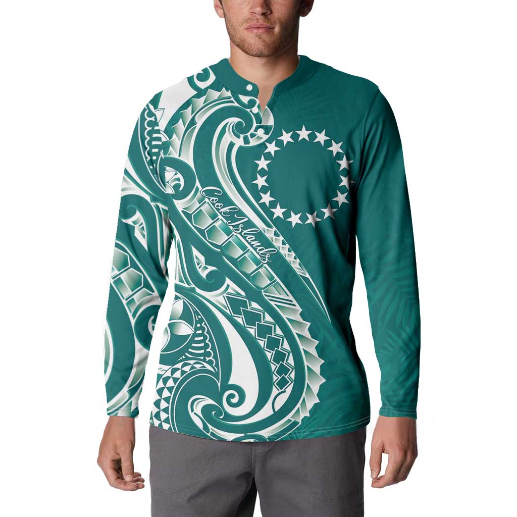 Kia Orana Cook Islands Button Sweatshirt Teal Plumeria Tropical Waves - Polynesian Pride