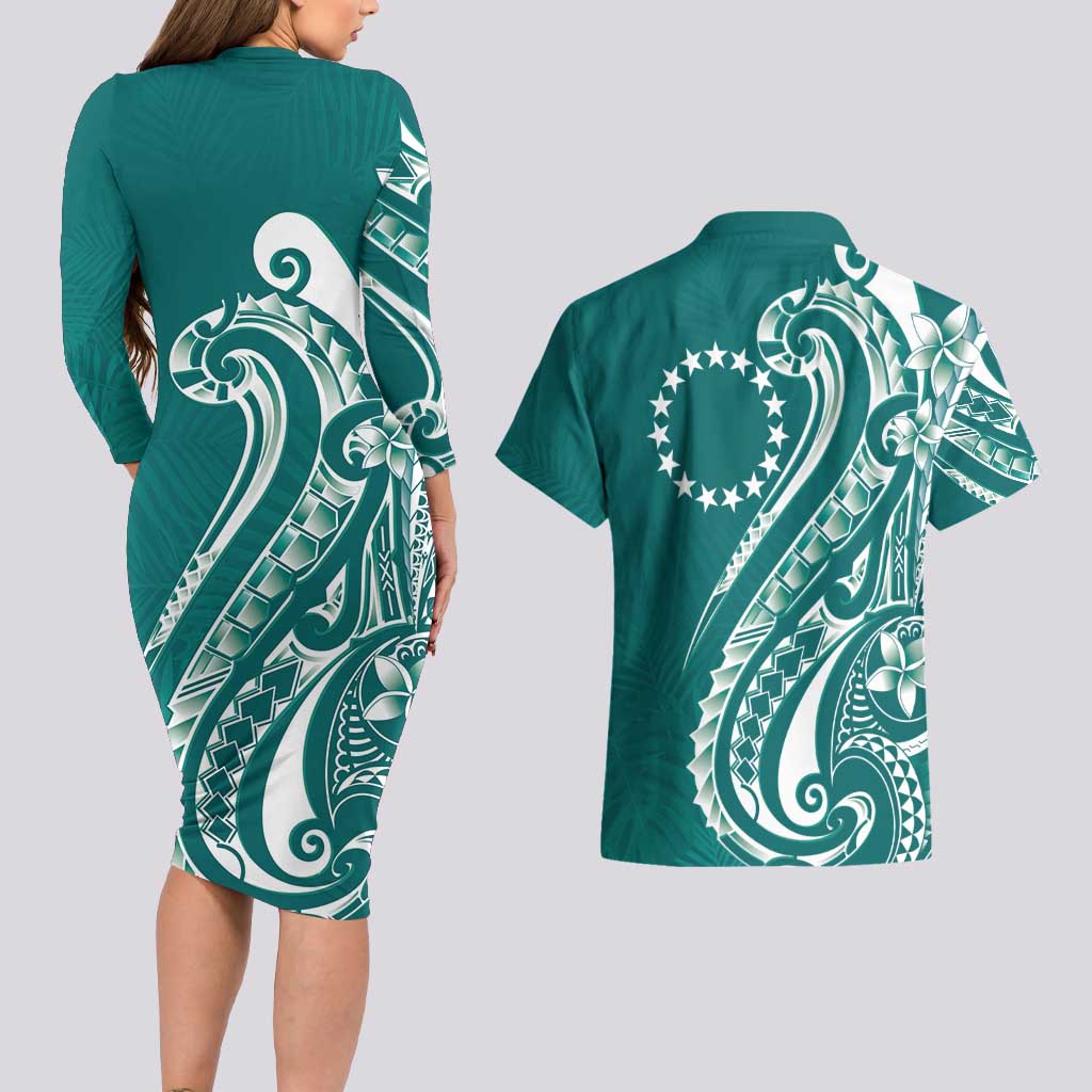 Kia Orana Cook Islands Couples Matching Long Sleeve Bodycon Dress and Hawaiian Shirt Teal Plumeria Tropical Waves LT7 - Polynesian Pride