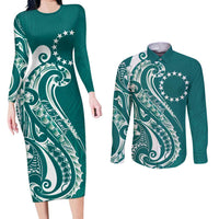 Kia Orana Cook Islands Couples Matching Long Sleeve Bodycon Dress and Long Sleeve Button Shirt Teal Plumeria Tropical Waves LT7 Teal - Polynesian Pride
