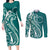 Kia Orana Cook Islands Couples Matching Long Sleeve Bodycon Dress and Long Sleeve Button Shirt Teal Plumeria Tropical Waves - Polynesian Pride