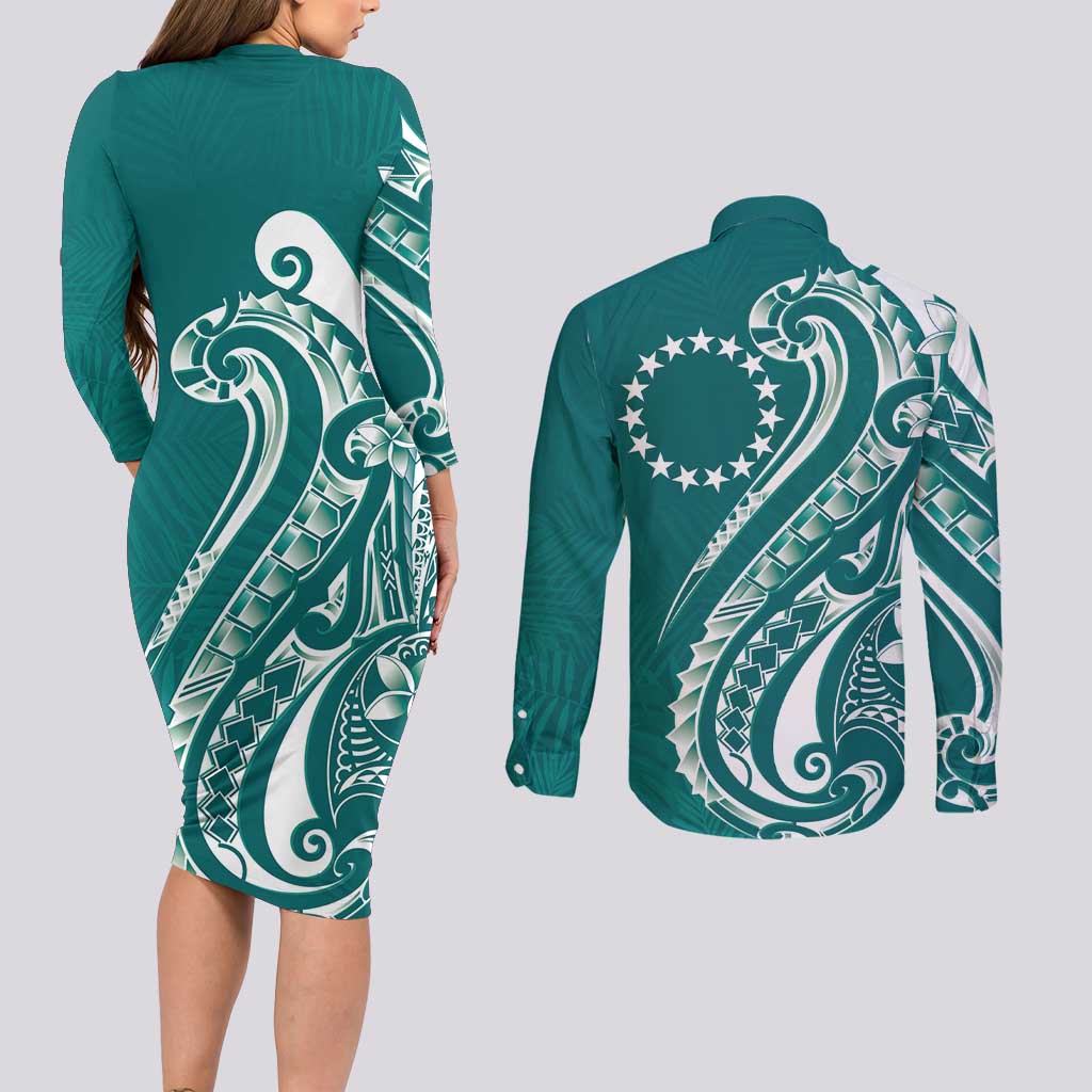 Kia Orana Cook Islands Couples Matching Long Sleeve Bodycon Dress and Long Sleeve Button Shirt Teal Plumeria Tropical Waves LT7 - Polynesian Pride