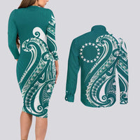 Kia Orana Cook Islands Couples Matching Long Sleeve Bodycon Dress and Long Sleeve Button Shirt Teal Plumeria Tropical Waves LT7 - Polynesian Pride