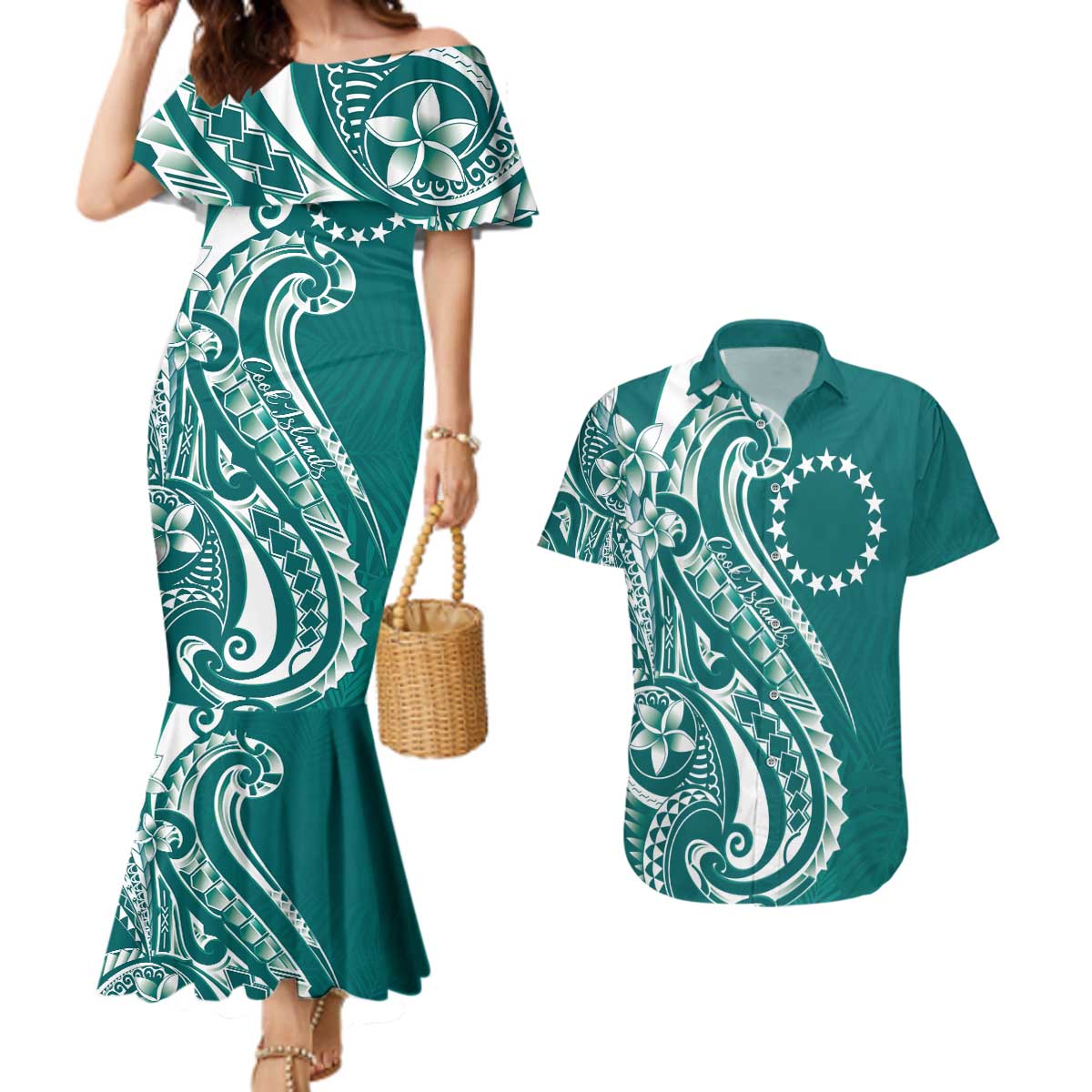 Kia Orana Cook Islands Couples Matching Mermaid Dress and Hawaiian Shirt Teal Plumeria Tropical Waves - Polynesian Pride