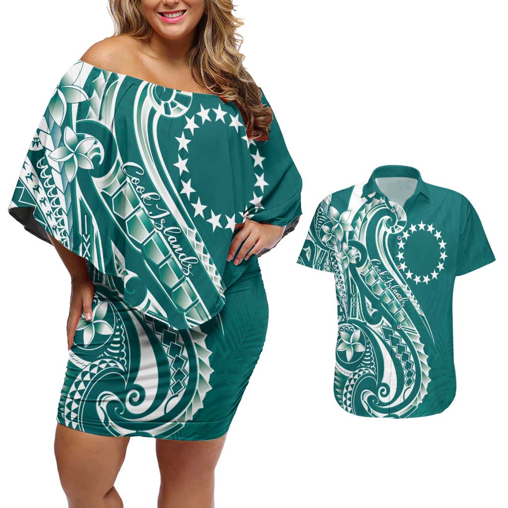 Kia Orana Cook Islands Couples Matching Off Shoulder Short Dress and Hawaiian Shirt Teal Plumeria Tropical Waves LT7 Teal - Polynesian Pride