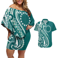 Kia Orana Cook Islands Couples Matching Off Shoulder Short Dress and Hawaiian Shirt Teal Plumeria Tropical Waves LT7 Teal - Polynesian Pride