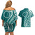 Kia Orana Cook Islands Couples Matching Off Shoulder Short Dress and Hawaiian Shirt Teal Plumeria Tropical Waves - Polynesian Pride