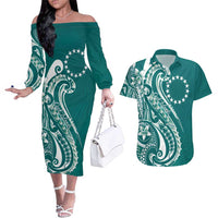 Kia Orana Cook Islands Couples Matching Off The Shoulder Long Sleeve Dress and Hawaiian Shirt Teal Plumeria Tropical Waves LT7 Teal - Polynesian Pride